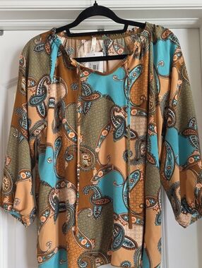 NWT Paisley Grace Hesed Peasant Tunic in Turquoise & Camel Oversized Small